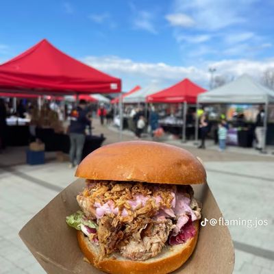 Pulled pork brioche burger at a Flaming Jo's event